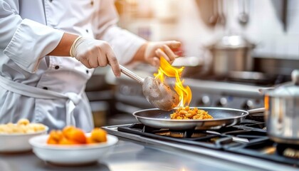 Professional chef cooking delicious food with flames in a restaurant kitchen, close up shot.