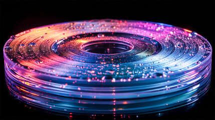 Sounds disk with a reflected light spectrum and water droplets on it. Sounds editing abstract background, isolated on background