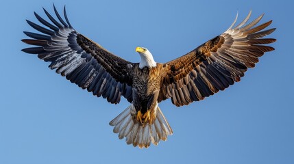 Fototapeta premium Majestic Bald Eagle in Flight: An awe-inspiring shot of a majestic bald eagle soaring gracefully against a backdrop of clear blue skies