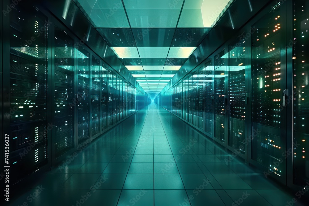 Poster nestled within heart of modern technology realm server room stands as bastion of digital power and s