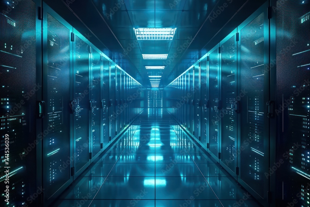 Poster nestled within heart of modern technology realm server room stands as bastion of digital power and s