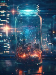 In space an AI brain in a jar guides a citys economy and cybersecurity from a spaceship under an alien suns glow
