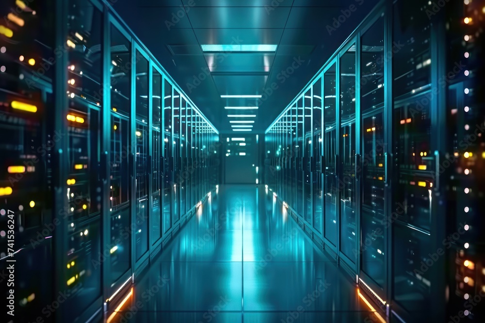 Poster nestled within heart of modern technology realm server room stands as bastion of digital power and s