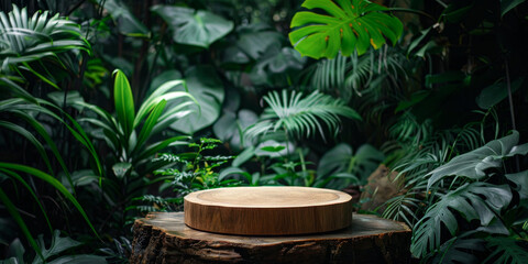 Round piece of wood on a tree stump surrounded with lush exotic green plants, mock up scene for advertising natural product.