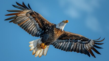 Obraz premium Majestic Bald Eagle in Flight: An awe-inspiring shot of a majestic bald eagle soaring gracefully against a backdrop of clear blue skies
