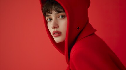 portrait of stylish woman in red jacket, beautiful lady in red coat, fashion concept