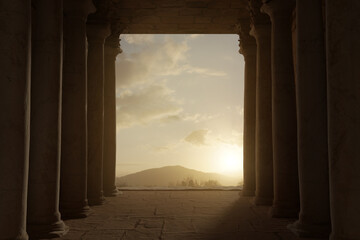 Ancient hall with corinthian columns and view to mountain in the evening sunlight. 3D Rendering