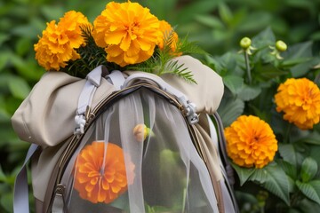 school backpack with marigolds and dahlias in mesh