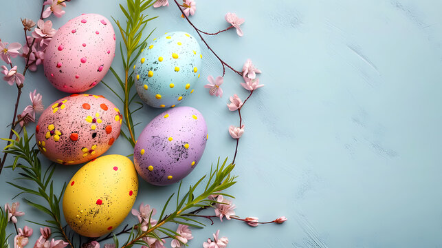 Colorful Easter eggs on pastel blue background. Generative AI.