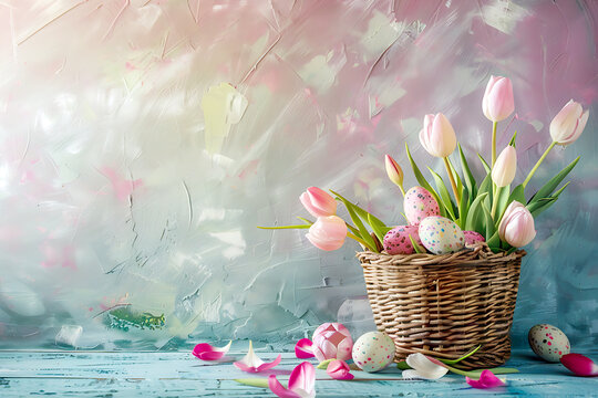 Wicker Easter Basket with eggs and tulips standing against painted background. Generetive AI.