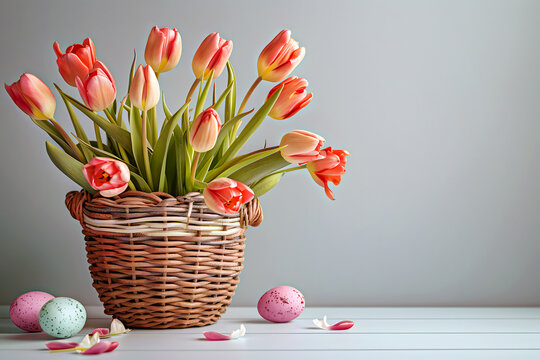 Wicker Easter Basket with eggs and tulips standing against grey background. Generetive AI.