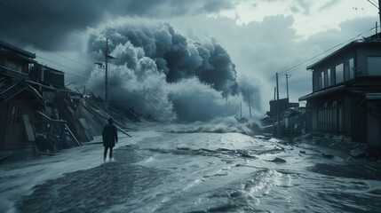 Silhouette of a lone man facing a city destroyed by a tsunami, in front of a giant wave of seawater under a cloudy sky - natural disasters wallpaper. - obrazy, fototapety, plakaty