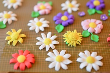 fondant daisies with various colors on a baking mat