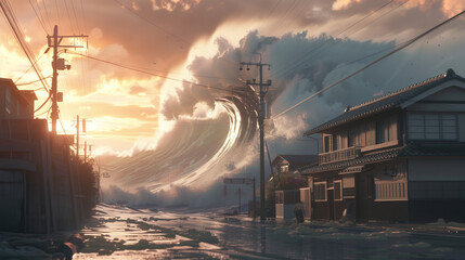 Tsunami in an Asian city at sunset, with a massive wave of foam in the background, creating a breathtaking scene. - obrazy, fototapety, plakaty