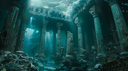 Underwater ancient ruins illuminated by ethereal light beams surrounded by marine life and enveloped in a mystical atmosphere. - obrazy, fototapety, plakaty