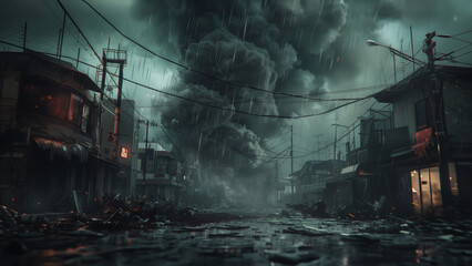 Thick dark smoke from a war explosion or fire in a town, under the rain of a storm over old Asian houses and power lines - apocalyptic cinematic