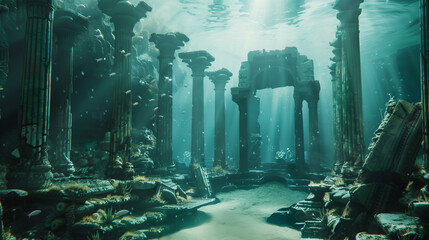 Sunlit ancient underwater ruins, with towering columns and intricate details, surrounded by the serene beauty of the ocean depths