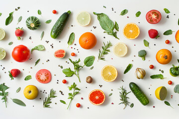 Array of colorful fresh vegetables and fruits arranged in a flat lay.
