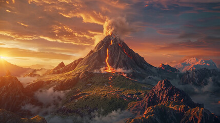 Spectacular landscape with an erupting volcano, featuring smoke and a river of lava flowing down the mountain slope against a cinematic sunset sky - background for a wallpaper