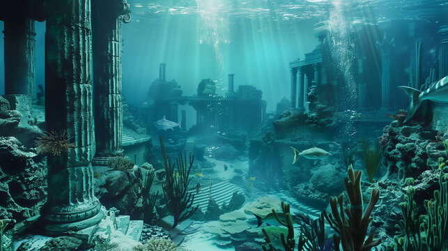Underwater landscape of a submerged city with columns and temples in ruins belonging to an ancient lost civilization like Atlantis or Lemuria