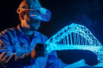 Construction Worker Using Virtual Reality in a Luminescent Bridge Design