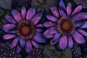 two colorful purple flowers in the style of polka dot madness - obrazy, fototapety, plakaty