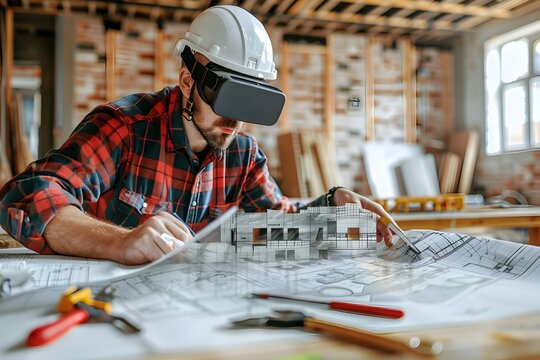 Architect Using VR Headset for Building Design