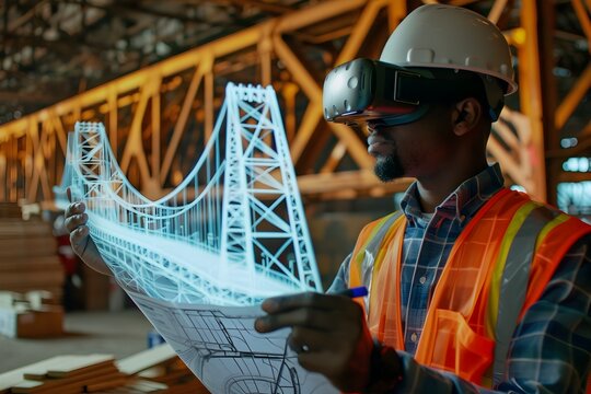 Architect Engineer Reviewing Bridge Design in Virtual Reality