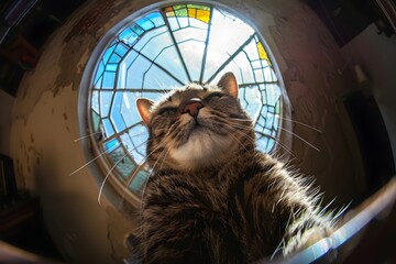 Colorful Stained Glass Fisheye Cat Indoor Photography - obrazy, fototapety, plakaty