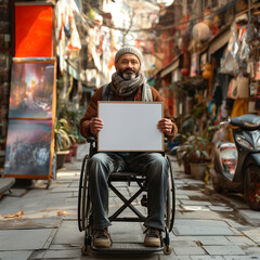 Disabled person in wheelchair holding mockup billboard for protest