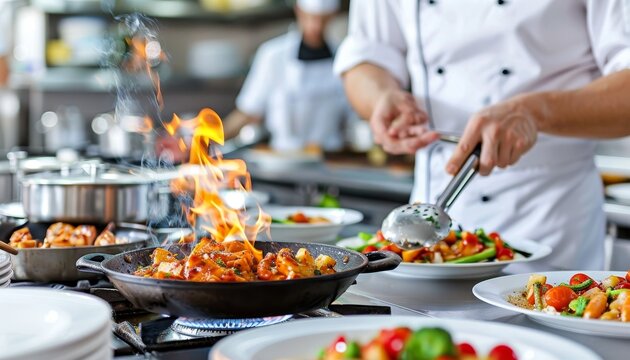 Skilled chef cooking with fire in restaurant kitchen   close up shot of professional hands in action