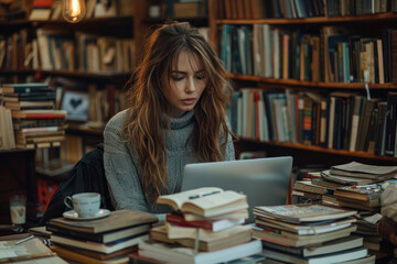A woman immersed in her work surrounded by stacks of books a laptop and a cup of coffee in a cozy home office.