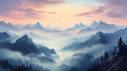 Fototapeta na wymiar Breathtaking Dawn View from Mountaintop. Misty World Below and Soft Pastel Sky Hues at Daybreak wallpaper background
