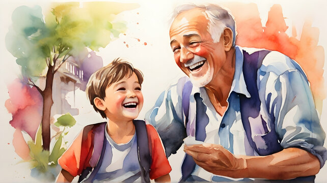 Watercolor Painting of Grandparent and Grandchild.