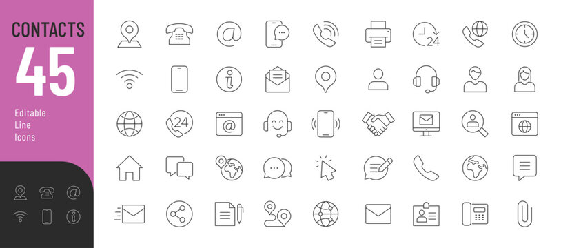 Contacts Line Editable Icons set. Vector illustration in modern thin line style of communication icons: messages, calls, e-mail, address, and more.  Pictograms and infographics for mobile apps
