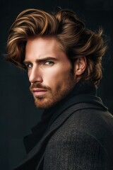 Naklejka premium portrait of young handsome man fashion model, confident stylish guy posing studio shot, male with casual hairstyle