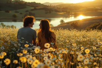 Couple enjoying a picnic in a sunlit meadow surrounded by wildflowers and a serene lake in the background.