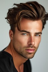 Fototapeta premium portrait of young handsome man fashion model, confident stylish guy posing studio shot, male with casual hairstyle