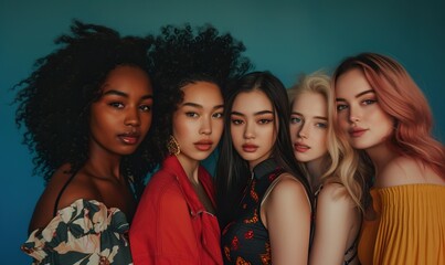 Fototapeta premium group portrait of young multiracial hipster women, multiethnic happy female friends studio shot