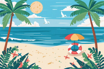 Fototapeta na wymiar Flat design beach scene simplistic style sandy shore palm trees clear blue sky background.