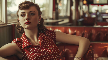 a nostalgic image of a red headed woman in a polka dot dress in a 1940s diner