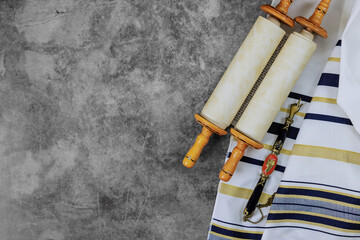 Prayer shawl tallit, scroll of prayer are symbols of Jewish Orthodox holidays