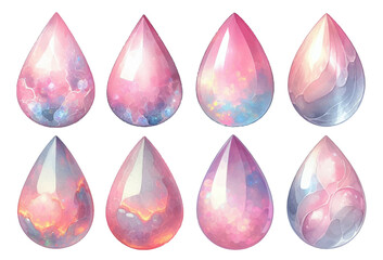 Teardrop-shaped pink opal rhinestone watercolor illustration material set