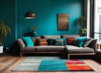 modern lounge with multi colour rug, teal cushions and wooden floor. 