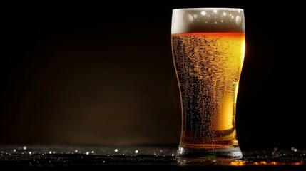 A glass of beer on a black background. Yellow liquid with bubbles and foam in a glass.