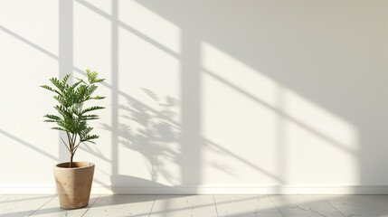 A potted plant sits in a sunlit room, casting a detailed shadow on a white wall, tranquility indoors.