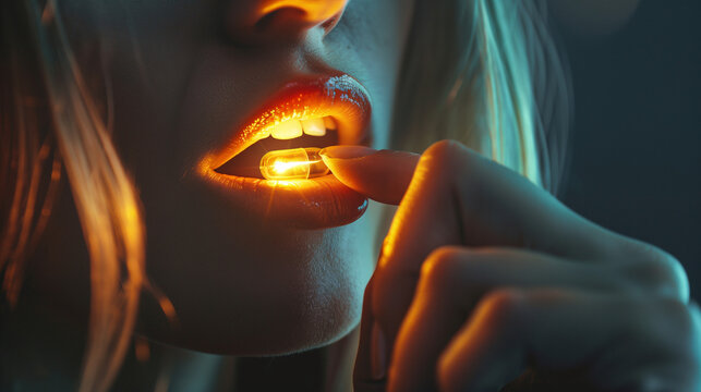 Close-up of a man consuming a power energy capsule, a pill supplement for enhancing vitality