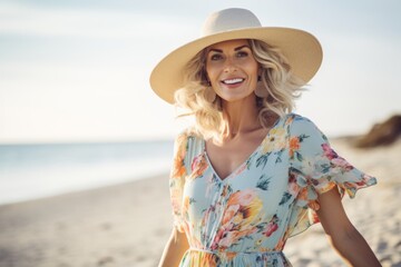 Portrait of beautiful young woman in summer dress and hat on the beach