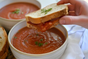 hand dipping a sandwich into a bowl of tomato soup