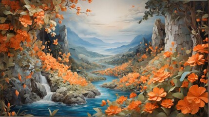 Fototapeta na wymiar Landscape featuring a blend of orange blooms and cerulean leaves